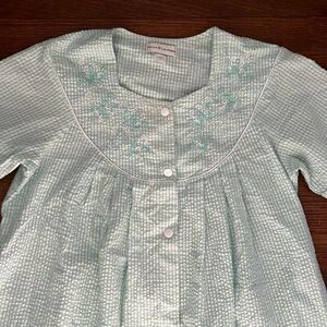 VTG Miss Elaine Summer Housecoat Snap Front Cottagecore Robe S/M Green Gingham